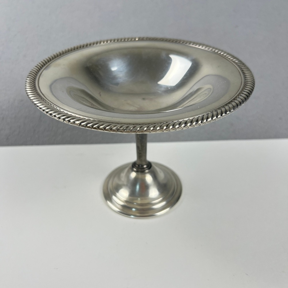 VTG Silver Plated Compote Pedestal Dish 7" Silver Rope Braided Edge Candy Bowl